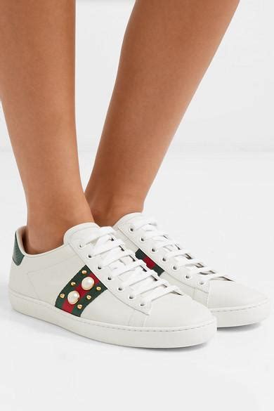 gucci pearl shoe gold|gucci ace embellished leather sneakers.